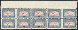 ARGENTINA: GJ.650, 1928 1P., Block Of 10 With Complete DOUBLE PERFORATION Var., Very Notable And Spectacular, Excellent  - Posta Aerea