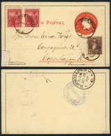 ARGENTINA: 4c. PS Lettersheet +  GJ.191 + 222 X2 Sent From QUEQUÉN To Germany On 26/OC/1910, With Blue Backstamp: "ESTAF - Prefilatelia