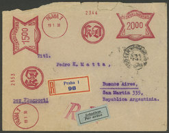 CZECHOSLOVAKIA: Registered Airmail Cover Sent From Praha To Argentina On 19/JA/1938 With Meter Postage, And Arrival Back - Autres & Non Classés