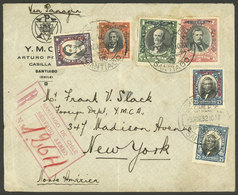 CHILE: 9/MAR/1932 Santiago - New York, Registered Airmail Cover With Multicolor Postage (6 Different Stamps), Very Nice! - Chili