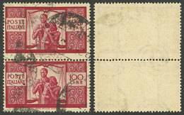 ITALY: Yvert 503, 1945 100L. Democratica, Vertical Pair With VARIETY: "Shifted Horizontal Perforation", The Top Stamp Is - Unclassified