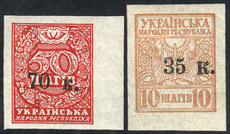 UKRAINE: Sc.49/50, 1919 Complete Set Of 2 Overprinted Values, Excellent Quality, With Guarantee Marks Of Stollow. - Ucrania