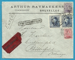 138+139+171 Op Brief Per EXPRES Met Stempel BRUXELLES Naar Bitterfeld (Allemange), Strookje DURCH EILBOTEN - 1919-1920  Cascos De Trinchera