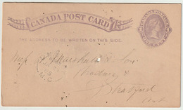 Carte Postale P5c (Webb) 1 Cent Gris Lilas De LM&R Railway à Stratford (Ont.) Le 23/1/1885 - 1860-1899 Règne De Victoria