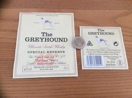 Etiquette + Contre-étiquette * «SCOTCH WHISKY - The GREYHOUND - SPECIAL RESERVE » (chien) - Whisky