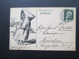 AD Bayern 1913 Ganzsache / Ortspostkarte Mit Handgemalter Zeichnung Eines Mönches "Der Heilige Antonius" - Entiers Postaux