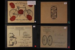 CYCLING Group Of ADVERTISING ENVELOPES With Four Illustrated Envelopes With Bicycle Wheels, Accessories, Bicycle And Log - Unclassified