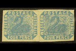 WESTERN AUSTRALIA 1854-55 4d Blue Imperf, SG 3a, Unused REJOINED HORIZONTAL PAIR, Large Margins Just Touching At Right O - Andere & Zonder Classificatie