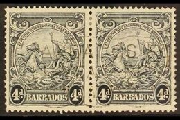 1938 4d Black Badge Of The Colony, Curved Line At Top Right, SG 253b, Within A Horizontal Pair With Light Machine Cancel - Barbados (...-1966)