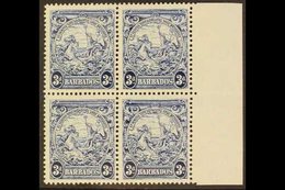1947 3d Blue Badge Of The Colony,  Right Marginal Block Of Four, Position 4/10 showing Vertical Line Over Horse's Head,  - Barbados (...-1966)