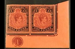 1943 £1 Deep Reddish Purple And Black With "BROKEN LOWER- RIGHT SCROLL Variety In Lower- Right Corner PLATE NUMBER PAIR  - Bermuda