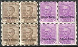 1928 - 9 7½c Brown And 50c Lilac Ovptd "Colonia Italiana", Sass S33, In Superb Blocks Of 4, 2NH, 2 Og. (8 Stamps) For Mo - Eritrea
