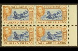 1938-50 5s Dull Blue And Yellow Brown On Greyish Paper, SG 161c, Superb Never Hinged Mint Marginal Block Of Four. For Mo - Falkland Islands
