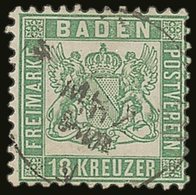 BADEN 1862 18kr Bright Green, Perf 10, Mi 21a, Very Fine Used With Neat Cds Cancel. For More Images, Please Visit Http:/ - Other & Unclassified