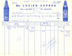 Factuur Facture - Vins & Spiritueux - Ets Lucien Caprès - Mouscron 1974 - Lebensmittel