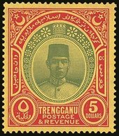 TRENGGANU 1921-41 $5 Green And Red/yellow, Watermark Mult Script CA, SG 44, Very Fine Lightly Hinged Mint. For More Imag - Altri & Non Classificati