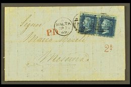 1869 ENTIRE LETTER TO MESSINA Bearing Great Britain 2d Blue, Plate 13, Horizontal Pair, Tied By "MALTA / A25" Duplexes,  - Malta (...-1964)