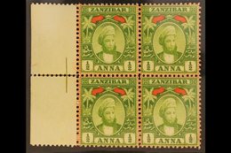 1896 ½a Yellow-green, Left Margin Block Of Four With NO WATERMARK On Stamps At Left, SG 156 (see Footnote In SG), Very F - Zanzibar (...-1963)