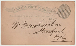 Carte Postale P7d (Webb) 1 Cent Gris De Belleville (Ont.) à Stratford (Ont.) Le 1/4/1889 - 1860-1899 Règne De Victoria
