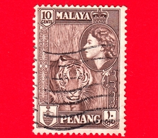 MALESIA - Malaya - PENANG - Usato - 1957 - Tigre - Regina - Tiger (Panthera Tigris) - 10 - Penang