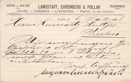 France Postal Stationery Ganzsache Entier Sage PRIVATE Print LANGSTAFF, EHRENBERG & POLLAK Agence En Douane PARIS 1886 - Private Stationery
