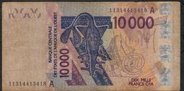 W.A.S. IVORY COST  P118Ak 10.000 FRANCS (20)11 2011  Sign.38 VAS-KONE DUSTY NO P.h. ! FINE - Estados De Africa Occidental