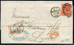 GRANDE BRETAGNE - N° 32 / LETTRE OBL. GC 106 DE LONDON LE 28/1/1869 POUR LYON - SUP - Covers & Documents