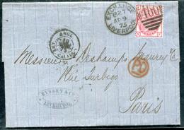 GRANDE BRETAGNE - N° 51 / LETTRE OBL. GC 466 DE LIVERPOOL LE 9/4/1875 POUR PARIS - TB - Covers & Documents