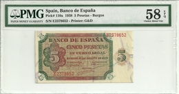 Spain 5 Pesetas 1938 P110a Graded 58 EPQ (Choice About Uncirculated) By PMG - 5 Peseten