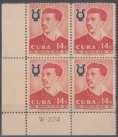 1958-106 CUBA. 1958. Ed.757. 14c. SIN GOMA. BRINDIS DE SALAS. MUSICA. MUSIC. BLOCK 4. PLATE NUMBER. NUMERO PLANCHA - Unused Stamps