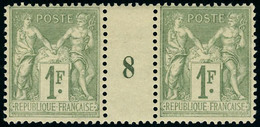 Neuf Sans Charnière N° 82, 1f Olive, Paire Millésime 8, Centrage Parfait (cl Sur Intervalle), T.B. - Sonstige & Ohne Zuordnung