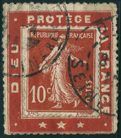 Oblitéré N° 138, 10c Rouge, Semeuse Sur Vignette Porte Timbre Dieu Protège La France. T.B. - Andere & Zonder Classificatie