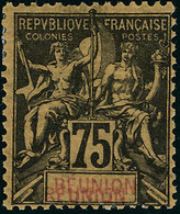 Neuf Avec Charnière N° 43a. 75c Violet Noir Sur Jaune, Double Légende Réunion, T.B.  Signé Brun. - Andere & Zonder Classificatie