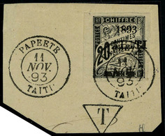 Oblitéré N° 21, 20c Noir Surcharge 1893, Càd Complet Sur Grand Fragment Papeete 11 Nov 93, Superbe - Altri & Non Classificati