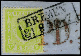 Fragment N° 15, 5s Vert Jaune Sur Petit Fragment Obl   Bremen 31.8.67 + PD En Rouge TB Signé Richter + Vertificat Mohrma - Other & Unclassified