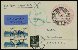 Lettre Zeppelin 2 SAF 1932 CP Illustrér Càd Oslo 1 IV 32, Cachet Illustré Berlin Friedrichshafen, Pour Recife Pernambuco - Autres & Non Classés