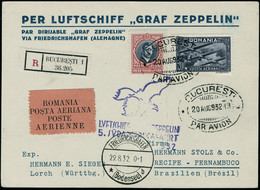 Lettre Zeppelin 5 SAF 1932. CP Imprimée Per Luftschiff Graf Zeppelin, Recommandée, Càd Bucuresti 20 Aug 932 Càd De Trans - Andere & Zonder Classificatie