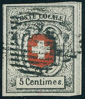 Oblitéré N° 7, 5c Neuchatel, 3 Grandes Marges + 1 Voisin, Superbe, Signé Portmann - Autres & Non Classés