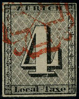 Oblitéré N° 9, 4r Noir Zurich Oblitéré Rosette Rouge, Superbe, Signé + Cert. Brun + Moser - Altri & Non Classificati