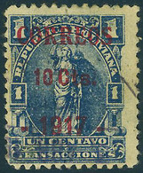 Oblitéré N° 110, 10c Sur 1c Bleu, Provisoire De Cobija 1917 TB, Rare, Signé + Certificat A Rendon - Autres & Non Classés