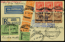 Lettre Zeppelin 7 SAF 1933 CP Recommandée Càd Tangier 2 Sp 33, Cachets Illustrés Bleu 7 SAF Et Roug Berlin Friedrichshaf - Autres & Non Classés
