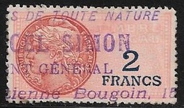 TIMBRE FISCAL N° 127a  -  2 F   BLEU SUR ROUGE  -  MEDAILLON DAUSSY FOND ETOILE  -   OBLITERE - Timbres