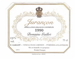 Rare Etiquette De Vin // Blanc // Jurançon // Domaine Gaillot // 1990 - Vino Bianco