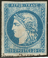 (*) No 44I, Bleu, Trace D'écriture D'époque, En Marge Hors Timbre, Superbe. - RR - 1870 Bordeaux Printing