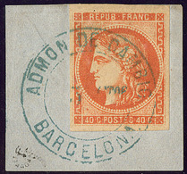 Oblitérations. "ADmon De Cambio". No 48, Obl Cad Bleu, Sur Petit Fragment, Jolie Pièce. - TB - 1870 Bordeaux Printing