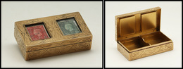 Boîte Anglaise En Bronze Doré, Couvercle à Fenêtre, 2 Comp., 74x42x18mm. - TB - Postzegeldozen