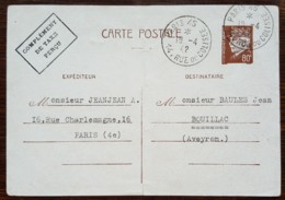Entier Postal 512-CP3 - TYPE PETAIN - 80c + Complément De Taxe Perçu - 1942 - Paris - Cartoline Postali E Su Commissione Privata TSC (ante 1995)