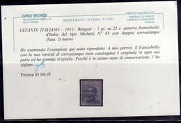 BENGASI 1911 VARIETA' VARIETY SOPRASTAMPATO D'ITALIA ITALY OVERPRINTED 1 PI SU 25 C MH CERTIFICATO - Other & Unclassified