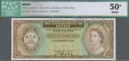 Belize: Government Of Belize 20 Dollars ND(1975) SPECIMEN, P.37s, Printers Annotations At Upper Marg - Belice