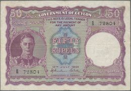 Ceylon: Government Of Ceylon 50 Rupees July 12th 1944, P.37a, Still Nice And Rare Banknote With Two - Sri Lanka